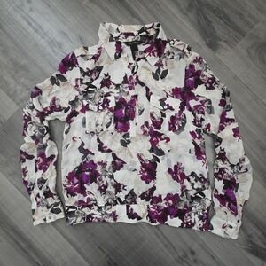 White House Black Market Long Sleeve Top Size 10 100% Silk Ivory Flowers Boho